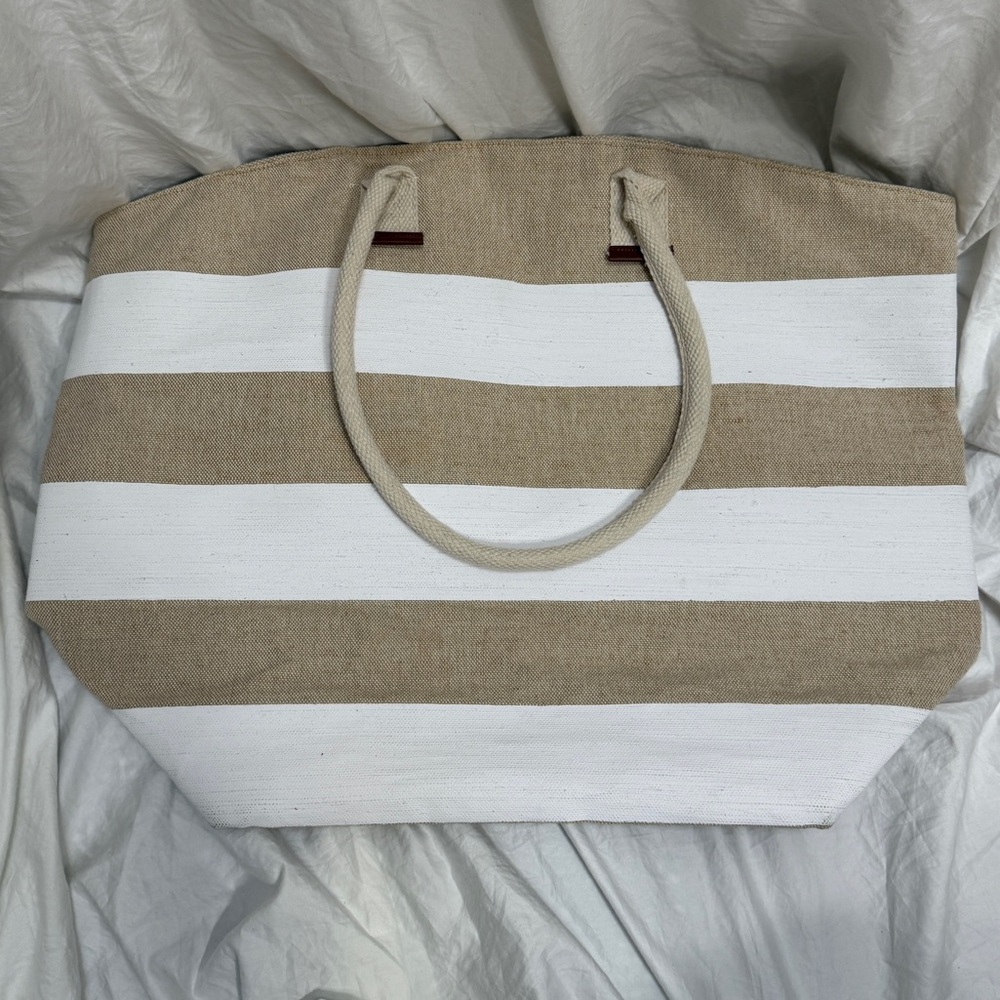Women’s Large Tan and White Striped Reusable Tote Bag. - Picture 3 of 16